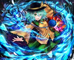  1girl blue_rose blush eyeball floral_print flower green_eyes green_hair hat hat_ribbon heart heart_of_string highres kazabana_kazabana komeiji_koishi open_mouth ribbon rose short_hair silver_hair skirt solo touhou 