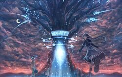 2girls bou_nin brown_hair clouds long_hair moon multiple_girls open_mouth original short_hair skirt sky tree 