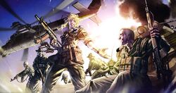  ak-74u aks-74u artist_request assault_rifle balalaika black_lagoon blonde_hair dragunov_svd gun helicopter highres knife mi-24 rifle russian smile sniper_rifle soldier soviet vdv weapon 
