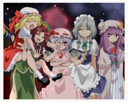  ascot bat_wings blonde_hair blue_hair blush braid crescent dress fang flandre_scarlet hat hong_meiling izayoi_sakuya long_hair maid maid_headdress momoiro_tanuki multiple_girls patchouli_knowledge purple_eyes purple_hair red_eyes red_hair redhead remilia_scarlet short_hair side_ponytail silver_hair touhou twin_braids violet_eyes wings 