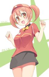  1girl bag bow breasts brown_eyes brown_hair buttons green_shirt hataraku_maou-sama! kneehighs large_breasts open_mouth sasaki_chiho short_hair skirt smile solo twintails 