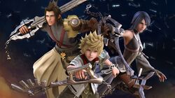  aqua_(kingdom_hearts) blonde_hair blue_eyes brown_hair gray_hair kingdom_hearts terra_(kingdom_hearts) ventus weapon 