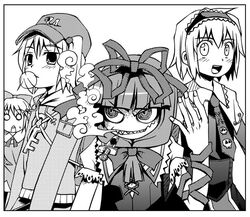  4girls alice_margatroid border bow bubblegum cirno dress front_ponytail hair_bobbles hair_bow hair_ornament hair_ribbon hat kagiyama_hina kannazuki_hato kawashiro_nitori key long_hair monochrome multiple_girls needle o_o open_mouth ribbon ringed_eyes shaded_face sharp_teeth simple_background smirk smoke sweat syringe touhou 