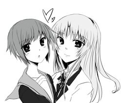  angel_beats! blazer cardigan crossover long_hair monochrome nagato_yuki school_uniform serafuku short_hair suzumiya_haruhi_no_yuuutsu tachibana_kanade tenshi_(angel_beats!) 