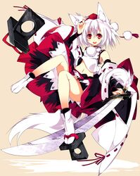  animal_ears detached_sleeves geta hat inubashiri_momiji midriff navel red_eyes shirokitsune short_hair silver_hair single_shoe skirt solo sword tabi tail tengu-geta tokin_hat touhou weapon white_hair wolf_ears wolf_tail 
