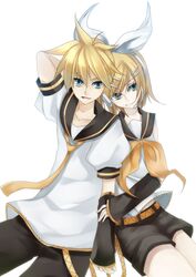  blue_eyes detached_sleeves hair_ornament hair_ribbon hairclip highres kagamine_len kagamine_rin miri_(roll) necktie ribbon sailor sailor_uniform shorts siblings twins vocaloid 