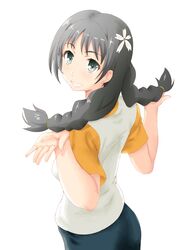  1girl alternate_hairstyle black_hair braid casual flower green_eyes grin hair_flower hair_ornament kesuida long_hair saten_ruiko smile to_aru_kagaku_no_railgun to_aru_majutsu_no_index twin_braids twintails 