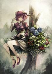  bandage bandages bryanth bun_cover double_bun faux_traditional_media flower highres ibara_kasen ibaraki_kasen pink_hair short_hair solo speed_painting tabard touhou 