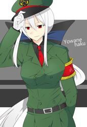  bad_id gloves hair_ribbon hat highres long_hair military military_uniform necktie neko_meshi ponytail red_eyes ribbon solo uniform vocaloid voyakiloid white_hair yokune_ruko yowane_haku 