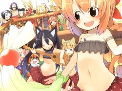  arm_garter cat_ears crowd dancing flat_chest fuyuno_mikan instrument jewelry lute_(instrument) midriff necklace pixiv_fantasia pixiv_fantasia_4 tail 