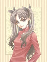  1girl black_hair blue_eyes decoy00xx fate/stay_night fate_(series) long_hair solo toosaka_rin turtleneck two_side_up 