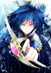  146944 androgynous blue_hair gem green_eyes heterochromia highres long_hair original pink_eyes smile sword water weapon 