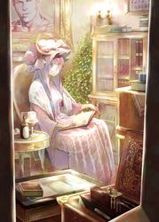  1girl bespectacled book bookshelf bottle crescent danny_lee dress glass glasses hat long_hair matsutani painting_(object) patchouli_knowledge purple_dress purple_hair reading sitting solo striped striped_dress table touhou very_long_hair violet_eyes 