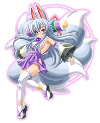  animal_ears armpits bad_id blush breasts clog_sandals detached_sleeves eyebrows fox_ears fox_tail hakama_skirt higuchi_isami izuna_(shinrabansho) izuna_(shinrabanshou) japanese_clothes long_hair multiple_tails nail_polish red_eyes sandals scroll shinrabansho shinrabanshou sideboob silver_hair slit_pupils solo tail thigh-highs thighhighs very_long_hair white_legwear white_thighhighs 