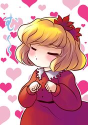  absurdres aki_shizuha blonde_hair blush closed_eyes eyes_closed heart highres leaf maple_leaf short_hair solo touhou yume_shokunin 