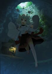  absurdres animal_ears cave clog_sandals dark detached_sleeves fangs from_below hat highres himekaidou_hatate inubashiri_momiji kurou_(crow) midriff navel purple_eyes red_eyes shameimaru_aya short_hair silver_hair skirt solo tokin_hat touhou underground white_hair wolf_ears 