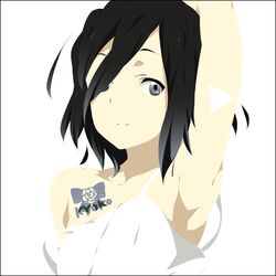  armpits black_eyes black_hair bow character_name extra face flower hair_over_one_eye k-on! light_smile lowres mizuki_makoto shimizu_kyouko short_hair smile strap_slip tattoo triangle 