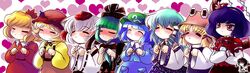  absurdres aki_minoriko aki_shizuha blush closed_eyes eyes_closed heart highres incoming_kiss inubashiri_momiji kagiyama_hina kawashiro_nitori kochiya_sanae moriya_suwako mountain_of_faith multiple_girls shameimaru_aya touhou yasaka_kanako yume_shokunin 