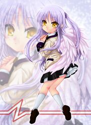  angel_beats! blazer blue_hair highres long_hair looking_back ruku_(ruku_5050) school_uniform solo tachibana_kanade tenshi_(angel_beats!) wings yellow_eyes zoom_layer 