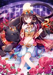  bangle black_hair bracelet copyright_name flower ibara_riato jewelry long_hair midriff moon navel official_art panther red_eyes rose sabaku_no_joou_cleopatra skirt staff tagme tail watermark z/x 