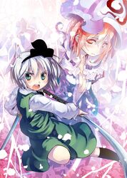  2girls aqua_eyes blue_dress dress dual_wielding hair_ribbon hat katana konpaku_youmu long_sleeves multiple_girls nanaroku_(fortress76) open_mouth pink_eyes pink_hair ribbon saigyouji_yuyuko shirt silver_hair skirt skirt_set sword touhou triangular_headpiece vest weapon 