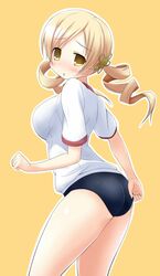  adjusting_buruma arche.x ass blonde_hair bloomers blush breasts buruma drill_hair embarrassed gym_uniform hair_ornament large_breasts looking_at_viewer looking_back mahou_shoujo_madoka_magica riki_(archf) simple_background solo tomoe_mami twin_drills uniform yellow_eyes 