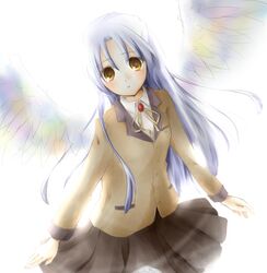  blue_hair kei_(ichigo-ichie) long_hair school_uniform short_hair tachibana_kanade tenshi_(angel_beats!) wings yellow_eyes 