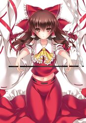  1girl ascot ayase_hazuki blush bow brown_eyes brown_hair detached_sleeves gohei hair_bow hair_tubes hakurei_reimu ribbon skirt solo touhou 
