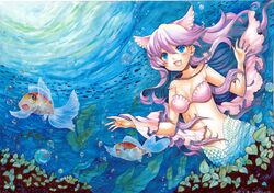  animal_ears bare_shoulders blue_eyes bubble fish goldfish jewelry long_hair mermaid monster_girl mosho open_mouth original pink_hair ring shell shell_bikini solo traditional_media underwater 