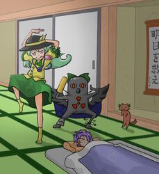  bed dancing flower green_hair hat heart kaenbyou_rin kaenbyou_rin_(cat) komeiji_koishi komeiji_satori multiple_tails purple_hair radiation_symbol reiuji_utsuho reiuji_utsuho_(bird) rose s.kensuke spell_card sweat tail touhou what wings 