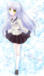  blazer blue_hair highres kaname_(kanamemiso) long_hair school_uniform skirt skirt_lift tachibana_kanade tenshi_(angel_beats!) wings yellow_eyes 