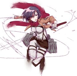  belt black_eyes black_hair boots dual_wielding jacket mikasa_ackerman shingeki_no_kyojin shizumi_satou short_hair sword thigh_strap weapon 