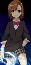  brown_hair electricity misaka_mikoto momoiro_tanuki plaid plaid_skirt short_hair skirt sleeves_pushed_up sweater tartan to_aru_kagaku_no_railgun to_aru_majutsu_no_index 