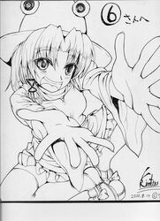  hat highres kinntarou monochrome moriya_suwako shikishi solo thigh-highs thighhighs touhou traditional_media 