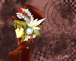  flower green_eyes green_hair gumi hair_ornament hat headphones highlights profile short_hair vocaloid 