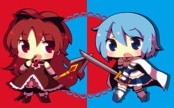  blue_eyes blue_hair cape chibi fang gloves long_hair magical_girl mahou_shoujo_madoka_magica miki_sayaka nasa_yu open_mouth pocky polearm ponytail red_eyes red_hair redhead sakura_kyouko short_hair skirt spear sword thighhighs weapon 