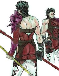  1boy adapted_costume ahoge back black_hair fate/zero fate_(series) flower gae_buidhe gae_dearg kreiya lancer_(fate/zero) mole polearm rose solo spear weapon yellow_eyes 