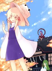  blonde_hair blue_hair green_eyes green_hair highres kochiya_sanae moriya_suwako multiple_girls oinari_(tensaizoku) sakutiki shide shimenawa shrine touhou yasaka_kanako yellow_eyes 