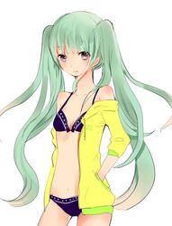  1girl bikini green_hair hand_in_pocket hatsune_miku long_hair macino solo swimsuit twintails very_long_hair vocaloid white_background 