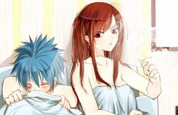  after_sex aftersex bed_sheet blue_hair blush cigarette erza_scarlet fairy_tail jellal_fernandes long_hair naked_sheet red_hair redhead ruined_for_marriage smoking tattoo trembling 