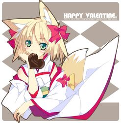  blonde_hair chocolate fox_ears fox_tail green_eyes heart original shirokitsune solo tail 