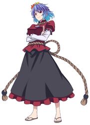  1girl aqua_hair blue_hair crossed_arms gradient_hair h-new hair_ornament multicolored_hair red_eyes solo touhou transparent_background yasaka_kanako zouri 