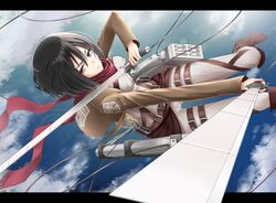  1girl belt black_hair brown_eyes clouds dual_wielding fame_peera jacket mikasa_ackerman scarf shingeki_no_kyojin short_hair solo sword three-dimensional_maneuver_gear weapon 