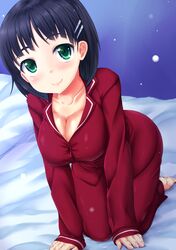  1girl all_fours amau_(artist) black_eyes breasts cleavage green_eyes kirigaya_suguha pajamas short_hair sword_art_online 