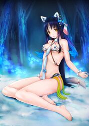 1girl animal_ears armor bikini_armor blue_hair breasts fox_ears fox_tail sayika sitting tagme tail yellow_eyes yokozuwari