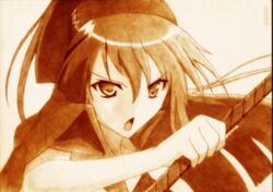  datougodees highres kore_wa_zombie_desu_ka? long_hair monochrome open_mouth sepia seraphim_(kore_wa_zombie_desu_ka?) sketch solo sword swrod taffai traditional_media weapon 