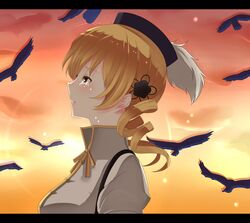  bad_id bird blonde_hair bust drill_hair face letterboxed mahou_shoujo_madoka_magica nuko_(mikupantu) profile short_hair solo sunset tears tomoe_mami twintails yellow_eyes 