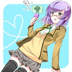  black_legwear black_thighhighs cl4 dutch_angle genderswap glasses gundam gundam_00 itou_chiriko purple_hair request school_uniform setsuna_f_seiei skirt thigh-highs thighhighs tieria_erde translated translation_request zettai_ryouiki 
