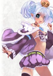  blue_eyes blue_hair choker cover cover_page detached_sleeves fang heterochromia links!_~kimi_to_seirei_to_tsukaima_to~ okishi_jien open_mouth original pointy_ears poncho ruchiru_(links!) short_hair solo thighhighs twintails 