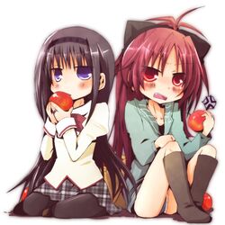  anger_vein apple black_hair blush boots bow denim denim_shorts food fruit hair_bow hairband holding holding_apple holding_fruit knee_boots long_hair mahou_shoujo_madoka_magica pantyhose plaid ponytail red_hair redhead sakura_kyouko school_uniform shio_kuzumochi shorts skirt tartan 